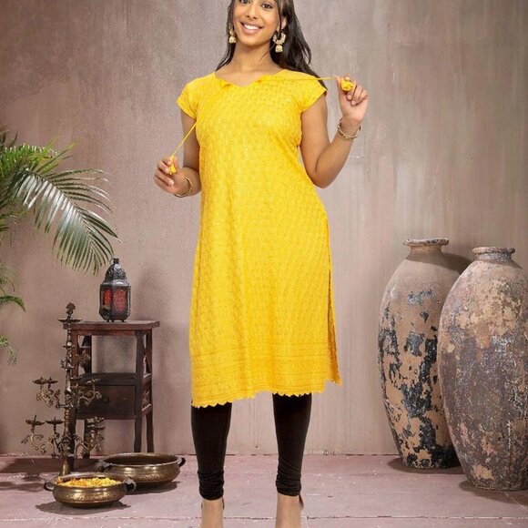 Yellow Kurta with Chikankari Threads | Muvvas Boutique - Picture 3 of 5